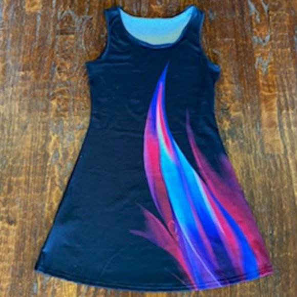 New BLACK slvls TANK Swing DRESS * no wrinkle * BRIGHT BLUE & PINK FLAME * S - Picture 2 of 7
